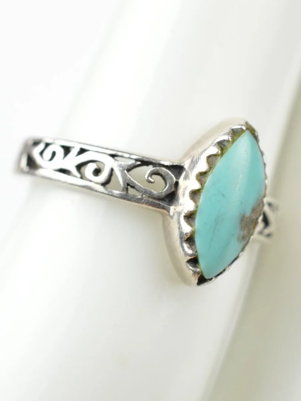 925 Sterling Silver Turquoise Ring Size 4.75 Marquise Boho Filigree Band 2g